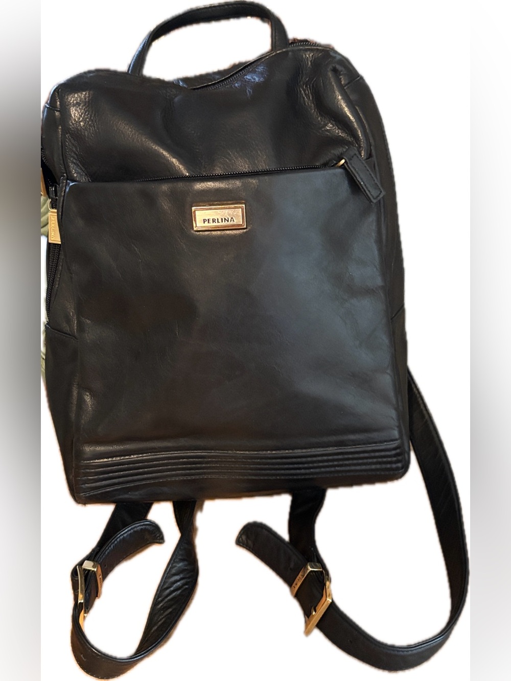Perlina Soft Black Leather Backpack Adjustable Straps Gold Hardware Stunning